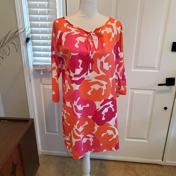 Escapada Beach Swim Cover up Medium Pink Orange Beaded Tassels 3/4 sleeves Rayon - Picture 1 of 6